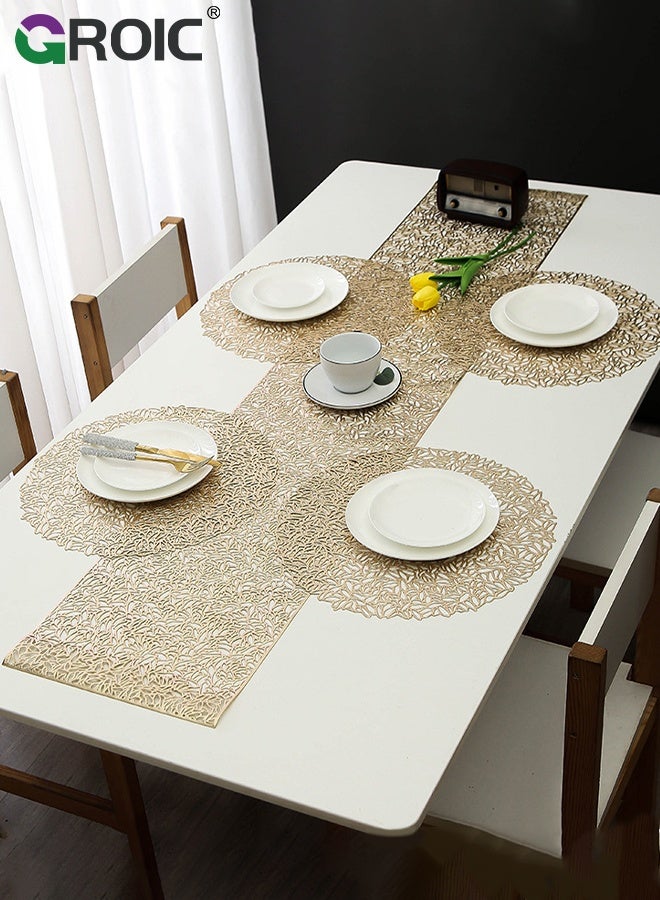 GROIC 5 Pcs Table Flag and Placemat Set, Heat Resistant Waterproof No-Slip Place Mats for Dining Table Kitchen Parties, Washable PVC Table Mats, Restaurant Table Protection, Gold Table Runner and Placemat Set - Image 1